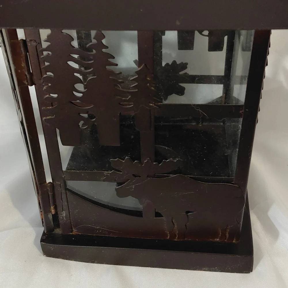 Dark Brown Metal Lantern with Moose Silhouette - Decorative Accent
